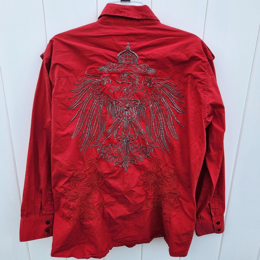 Empra Embroidered Button Up Shirt Mens XL Red Y2K Goth Eagle - Picture 7 of 7